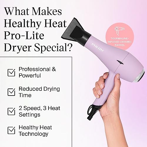Eva NYC Healthy Heat Pro-Lite Hair Dryer - Lightweight Styling Blow Dryer with Diffuser & Concentrator - Lavender - Blow Dryer