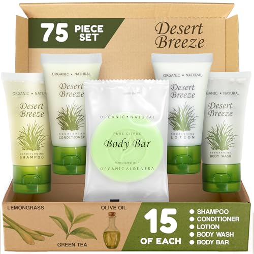 Travel Size Hotel Toiletry Set 75 Count 1 oz Bottles Guest Amenities for Vacation Rentals and Short Term Rentals Paraben Free Green Tea Lemongrass Scent Infused with Aloe and Olive Oil | Desert Breeze