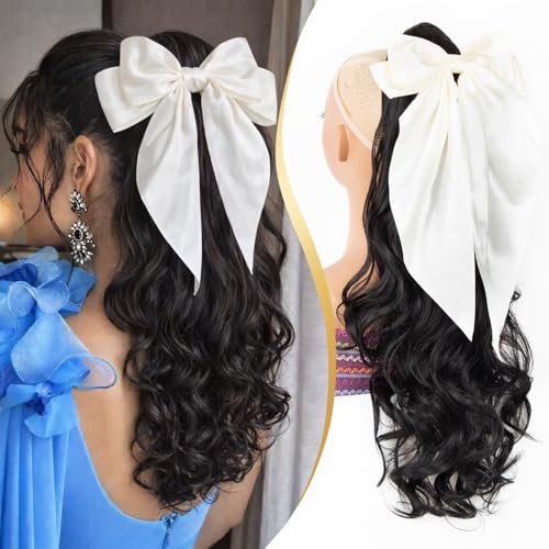24-Inch Black Ponytail Extension with Detachable Bow Claw Clip Hair Extension