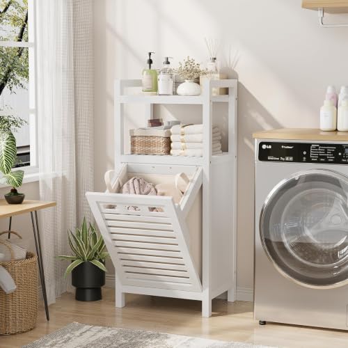 Homykic Bamboo Tilt Out Laundry Hamper Cabinet with Removable Bag - White, Space-Saving Design