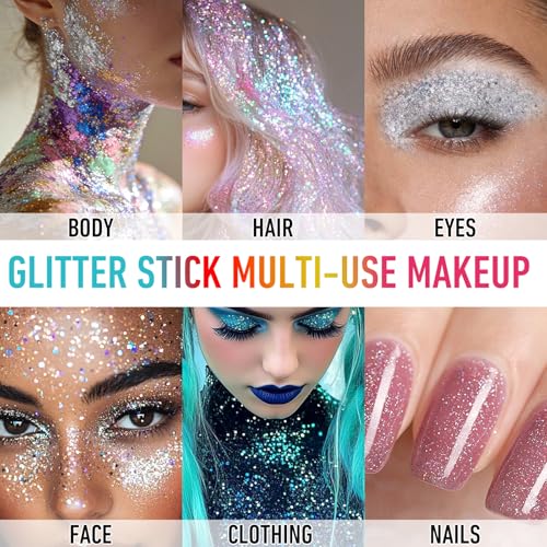Rainbow Body Glitter Stick, Rainbow White Face Body Glitter Stick for Women Girls, Chunky Sequins Hair Glitter Gel Makeup for Lip Party Festival Rave Accessories Singer Concert Halloween