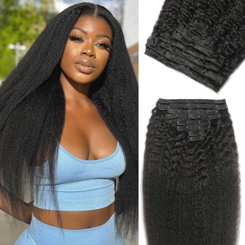 26 Inch Kinky Straight Clip-In Hair Extensions - Natural Black, 125g