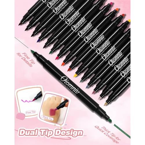 Oiomniv Temporary Tattoo Markers for Skin, 15PCS Body Markers Dual-End for Adults, 78 Tattoo Stencils Temporary 2 Face Gems Sticker, Glitter Matte Neon Tattoo Pens, Flexible Brush Tip, Skin Safe