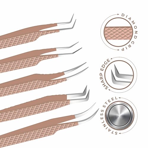 Nude Lash Tweezers Set of 5 - Stainless Steel Eyelash Extension & Makeup Tweezers