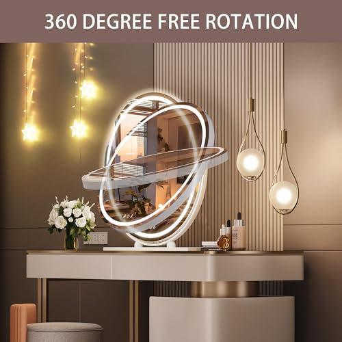 Hasipu 23.6-Inch LED Lighted Makeup Mirror with Touch Control, 3 Colors Dimmable, Round 360° Rotation, White Frame