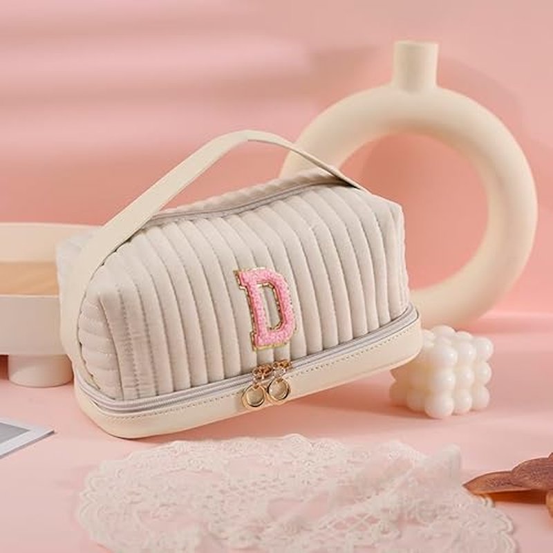 Initial Makeup Bag Monogrammed Double Layer Cosmetic Bag Velvet Travel Toiletry Bag Large Cpacity Makeup Pouch Portable Makeup Organizer Cosmetic Brush Bag Case (D, White/Pink)