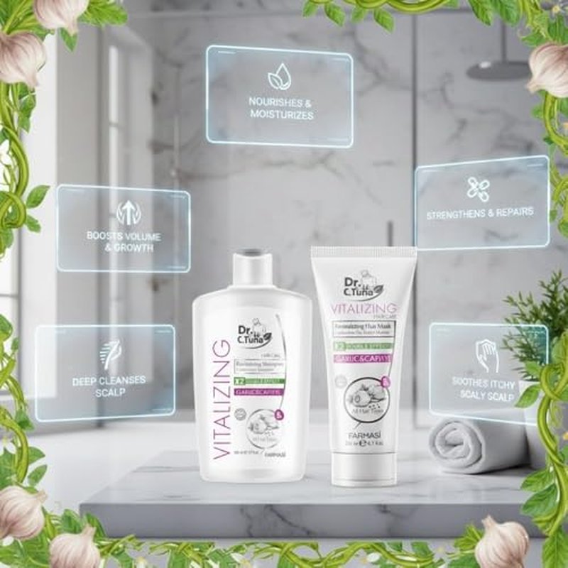FARMASI Dr. C. Tuna Vitalizing Garlic Shampoo and Hair Mask - Natural Treatment for Hair Growth, Prevents Loss, Stimulates Growth with Capixyl