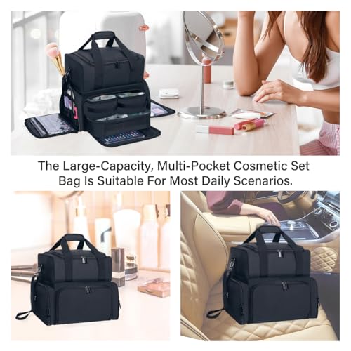 Large Makeup Bag with Removable Cases & Dividers – Travel Cosmetic Organizer, Black