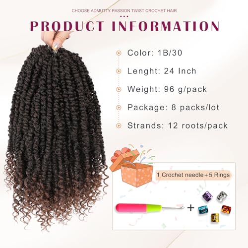 Passion Twist Crochet Hair 24 Inch T1B/30 - 8 Packs Pre-Twisted for Black Women