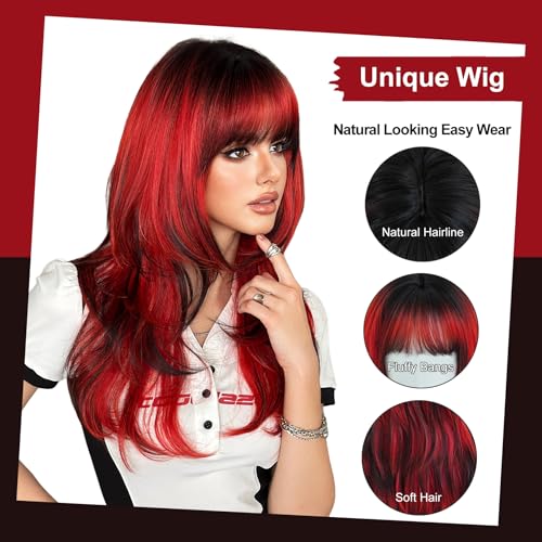 Cherry Red Ombre Black Layered Tail Wig 24 Inch with Dark Roots - Heat-Resistant Synthetic Fiber, Cosplay & Daily Wear