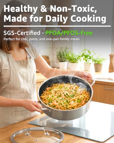 Large 8 QT Deep Frying Pan with Lid - 13 Inch Skillet for Family Meals