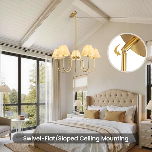 Brushed Gold Modern Farmhouse Chandelier 28" Adjustable Linen Shade Pendant Light
