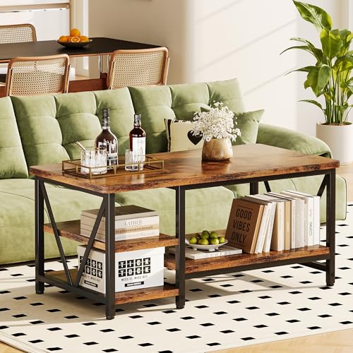 Farmhouse Coffee Table with Storage - 39.3-inch Rustic Industrial Design