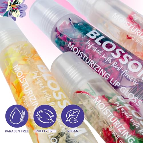 Blossom Lip Gloss Tubes, Cotton Candy Scented Thick Clear High Shine Moisturizing Flower Lip Gel with Nourishing Jojoba Seed Oil, Infused with Real Flowers, 0.3oz, Cotton Candy