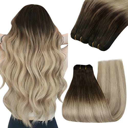 YoungSee Sew-In Hair Extensions Ombre Brown to Blonde 14 Inch 70g - Short Straight Human Hair Weft, Variation 2-E-#4/14/60