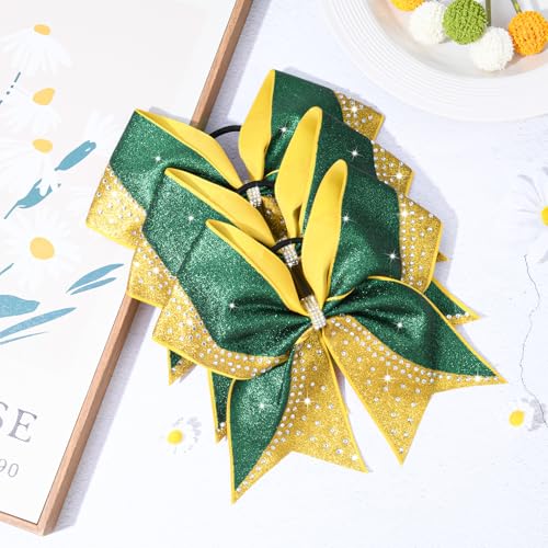 Aileam Glitter Cheer Bows Bulk Set - Green & Gold Rhinestone 8-Inch Cheerleading Hair Accessories for Girls & Teens Variation of A-Glitter Green/Gold+Rhinestone / 8" (6 Pack)
