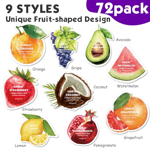 72 Pack Fruit-Shaped Sheet Face Masks - Collagen & Nourishing Skincare Set - Cute Fruit Design, Bulk Gifts