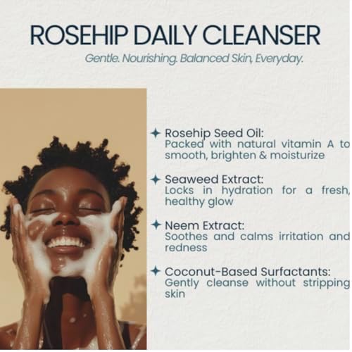 MD Rosehip Daily Face Cleanser ? Doctor Developed - Hydrating Gel Wash with Seaweed, Neem & Rosehip Seed Oil ? Vitamin A Rich, Anti-Aging, Soothing & Deep Cleansing ? For All Skin Types ? 4oz
