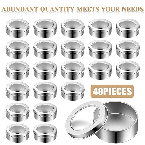 TecUnite 48 Pack 2 Ounce Metal Tin Cans Round Empty Container Salve Tins with Clear Lid for Kitchen, Office, Candles, Candies