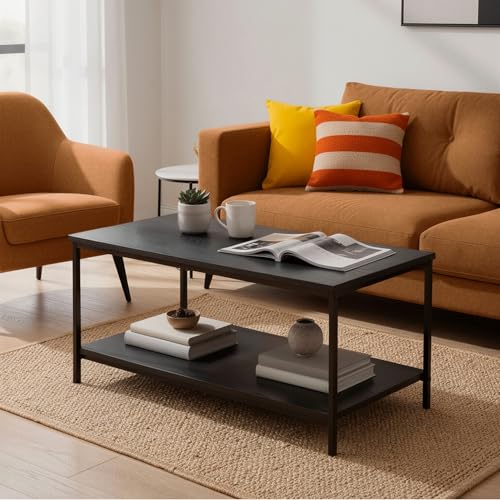 Black Rectangular Coffee Table with Bottom Shelf - Modern Living Room Centerpiece