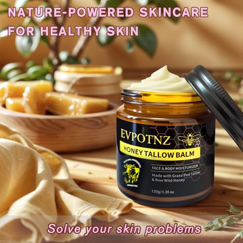 Whipped Beef Tallow & Honey Balm (4.23 oz Large Jar) - Grass Fed Tallow Face Moisturizer for Dry Sensitive Skin& Eczema -Natural Unscented Body Butter&Family