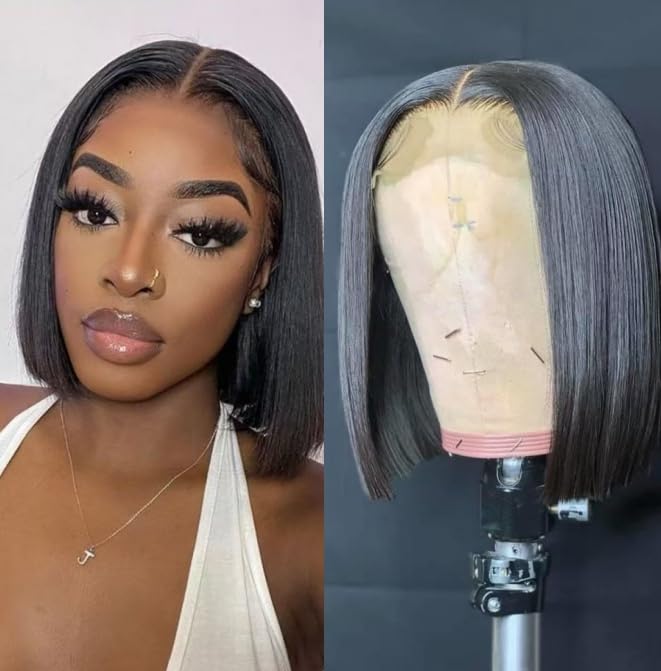10 Inch Natural Color Velvet Grip Bob Wig - 12x5 HD Lace Human Hair, Pre Plucked & Cut