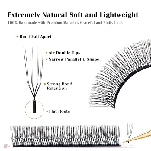 DeceMars 8D U Shaped Eyelash Extensions Easy Fans Double Tips 4D Russian Volume Crisscross Eyelashes Natural Soft YY Lash Extensions Handwoven Mesh Wispy Clusters Matte Black-0.07mm-D-8-15mm Mix