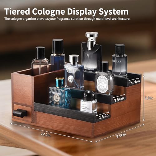 Perfume Stand Organizer for Men with 3 Tiers, Walnut & Black Finish, 1 Drawer