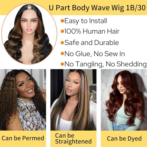 U Part Human Hair Wig Body Wave Highlight Wig #1b/30 12 Inch Ombre Brown Blonde