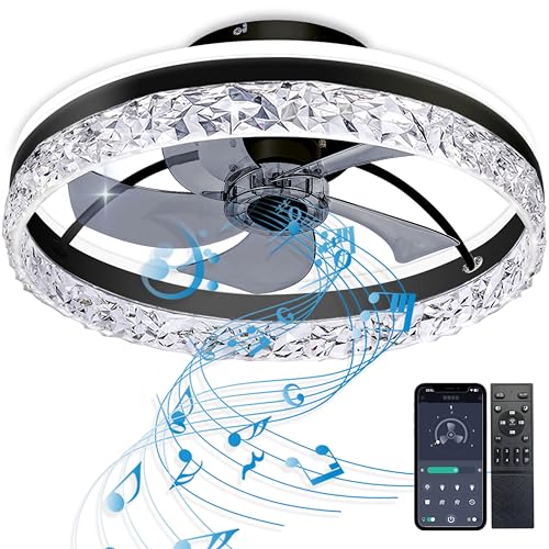 Low Profile Flush Mount Ceiling Fan with Light, Bluetooth Speaker & Remote - Black