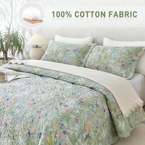 Lady Ann Green Floral Cotton King Quilt Set with Pillow Shams - All Season Botanical Bedding