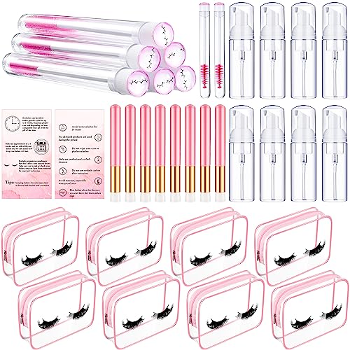 Remerry 40 Pcs Lash Shampoo Brushes Set Eyelash Aftercare Bag Disposable Mascara Tubes Foam Pump Bottle Extension Aftercare Instructions Card Eyelash Accessories for Women Mother (Clear Bag Style)