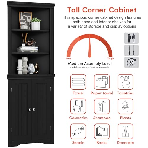 YESHOMY Corner Cabinet with Doors Dark Black - Storage Cupboard with Adjustable Shelves