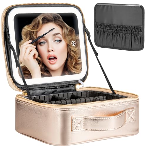 Extrei Gent Gold Makeup Travel Case with LED Light Mirror, Adjustable Brightness, Waterproof, Portable 10.4 x 9.1 x 4.6 in