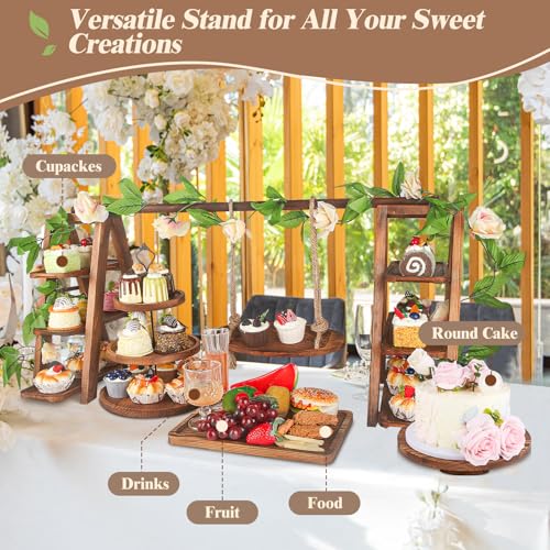 Brown Upgraded 4 Pack Wooden Cake Stand Set 3 Tier Swing Cupcake Display with Floral Decor
