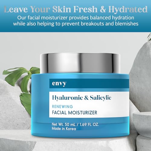 Envy Hyaluronic & Salicylic Acid Face Moisturizer Cream - Hydrating, Acne Scar Reduction & Anti-Aging Day Cream - Dermatologist Tested, Clean Beauty for All Skin Types - 1.69 Fl. Oz