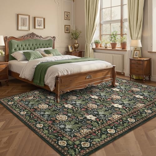 GarveeHome Forest Green Floral Area Rug 9x12 for Living Room & Bedroom, Washable Non-Slip Floor Mat