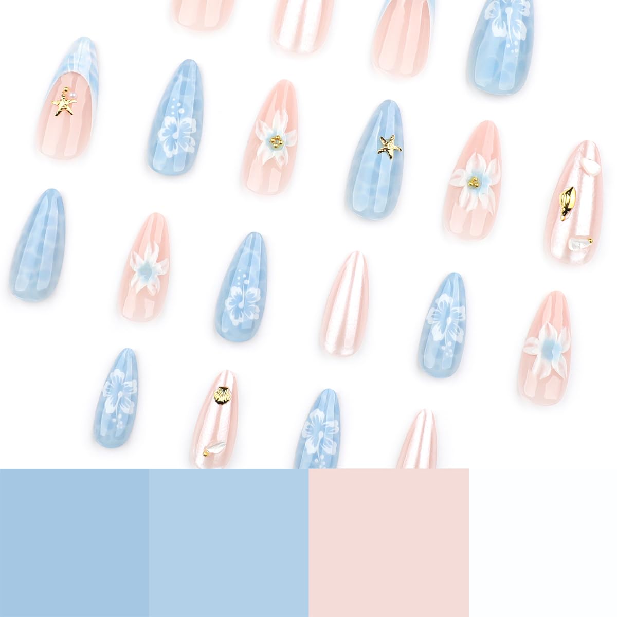 24Pcs Almond Press on Nails Medium Summer Sea Fake Nails 3D Shell Starfish Pearl Gems Designs Blue Wave Acrylic Nails Full Cover Flower Glue on Nails Ocean Theme Nail Art Decoration for Women
