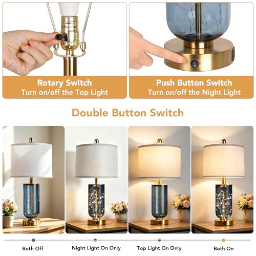 Blue Glass Table Lamps Set of 2 with Night Light and USB Ports - 23 Inch Modern Living Room Decor