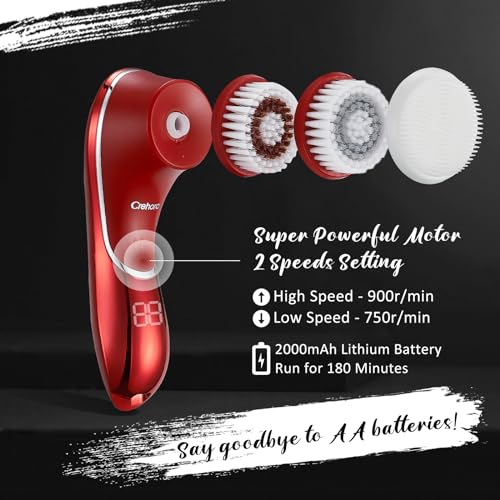 Facial Cleansing Brush, Electric Face Scrubber, Facial Cleansing Brush Rechargeable IPX-7 Waterproof Rotating Face Scrubber for Exfoliating, Massaging and Deep Cleansing with 4 Brush Heads