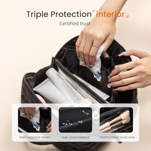 LOVEVOOK Travel Makeup Bag for Women - Medium Black Puffer Cosmetic Organizer Set
