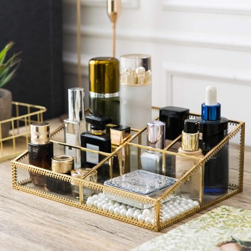 Gold Large Glass Makeup Organizer - 6 Compartments Vanity & Countertop Storage