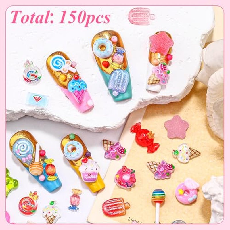 3D Candy Nail Charms, Multi Color Sweet Lollipop Donuts Doughnut Gummy Star Heart Bears Cute Candy Jewelry Nail Charms with Pickup Tools for Nail Art DIY Decorations Design