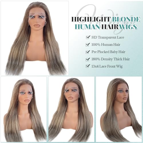 Ash Blonde Lace Front Wig Human Hair 16 Inch Pre-Plucked Straight Ombre Highlight with 13x4 HD Lace for White Women - Variation #6T6p18