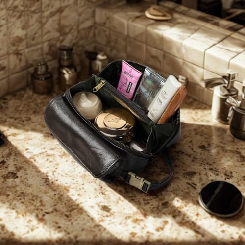 Coyote Bay Leather Travel Makeup Bag - Small Brown Full Grain Leather Organizer with Pockets