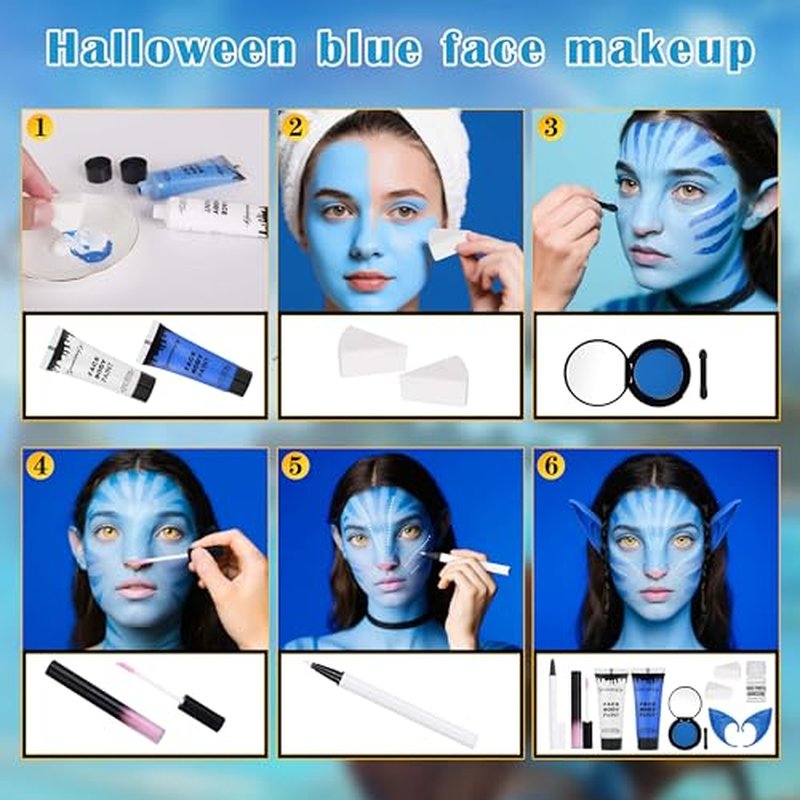 8pcs Avatar Makeup Kit,Navy Blue White Face Paint, Royal Blue Face Paint for Smurf Mystique Cosplay,Lip Gloss,White UV Eyeliner, Short Elf Ears,Single Eyeshadow,Halloween Body Paint Set with 2 Sponges