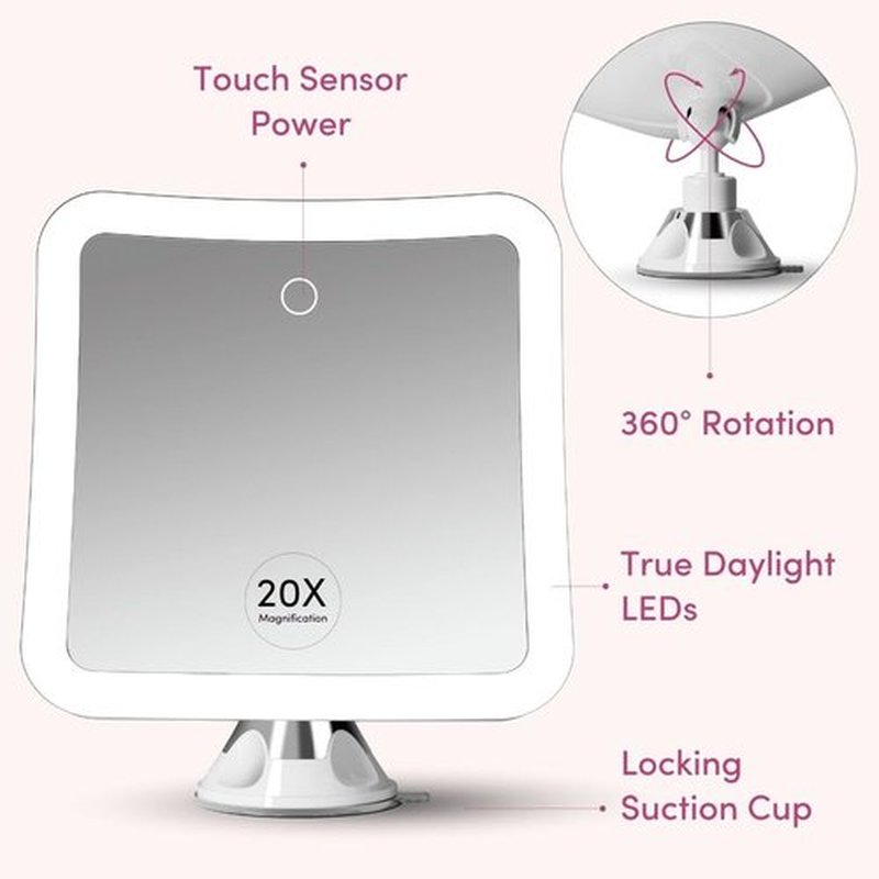 Fancii 20x Magnifying Makeup Mirror with LED Lights, Rechargeable, High Zoom | 7-inch Large Lighted Travel Mirror for Vanity and Bathroom, Dimmable, 3 Light Settings, Strong Suction, 360° Rotation