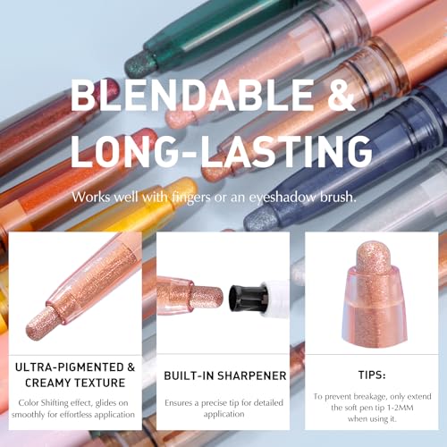 Glitter Eyeshadow Stick Metallic Chrome Finish, Shimmer Cream Eye Shadow Stick Long Lasting Holographic Color Sparkle Multi-Use Eye Brightener Highlighter Makeup Blendable Eyeliner Pencil, 5#