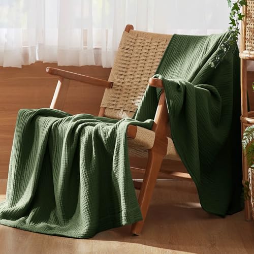 King Size Cotton Muslin Blanket - 4-Layer Olive Green Bed Cover - Bedsure