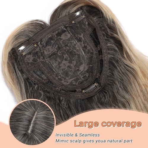 14 Inch Curly Wavy Hair Topper with Clips - Ombre Dark Root to Blonde
